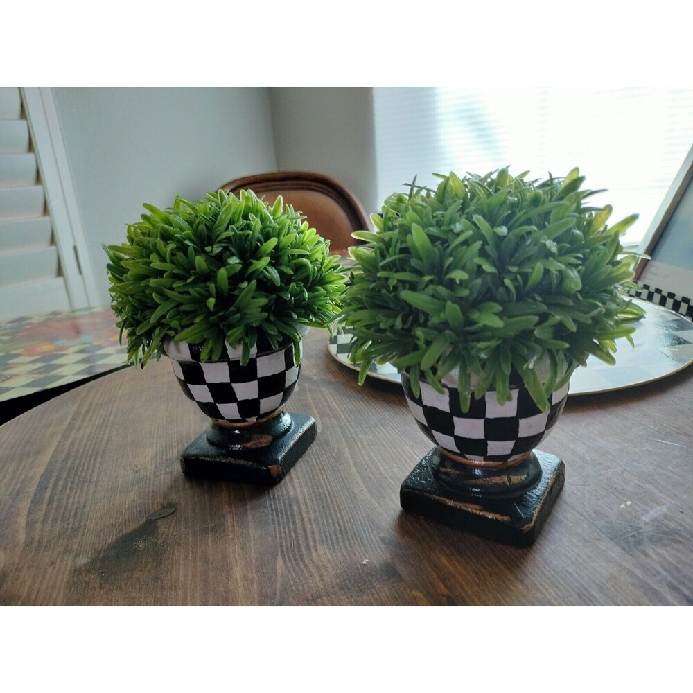 Pair of Urn Planters Rosemary Plants 6 & 7" hgt Hand Painted Black White Check